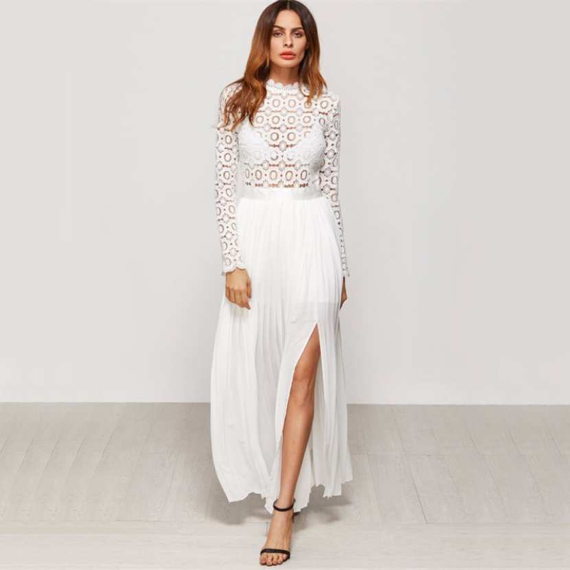ROBE DE SOIRÉE BOHEME PAS CHER BRODERIE ANGLAIS ROBE LONGUE BLANCHE DENTELLE MANCHE LONGUE BAS PLISSÉ